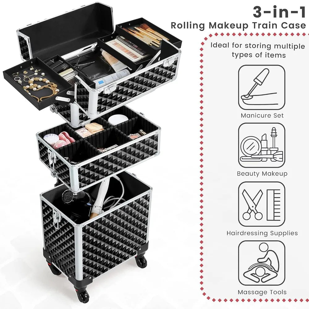 YTYIN 3 In 1 Rolling Makeup Train Case With Swivel Wheels