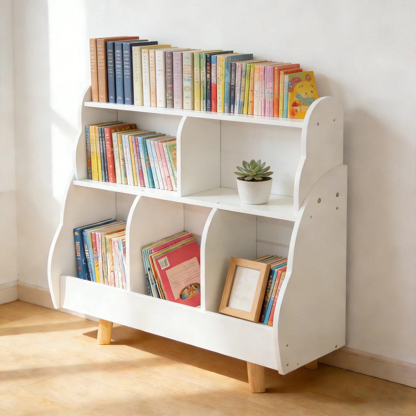 Wooden Kids Bookshelf With Five Storage Baskets For Nursery