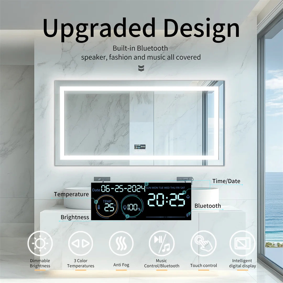 Luvodi Bluetooth Illuminated Bathroom Mirror With Digital Clock And Defog