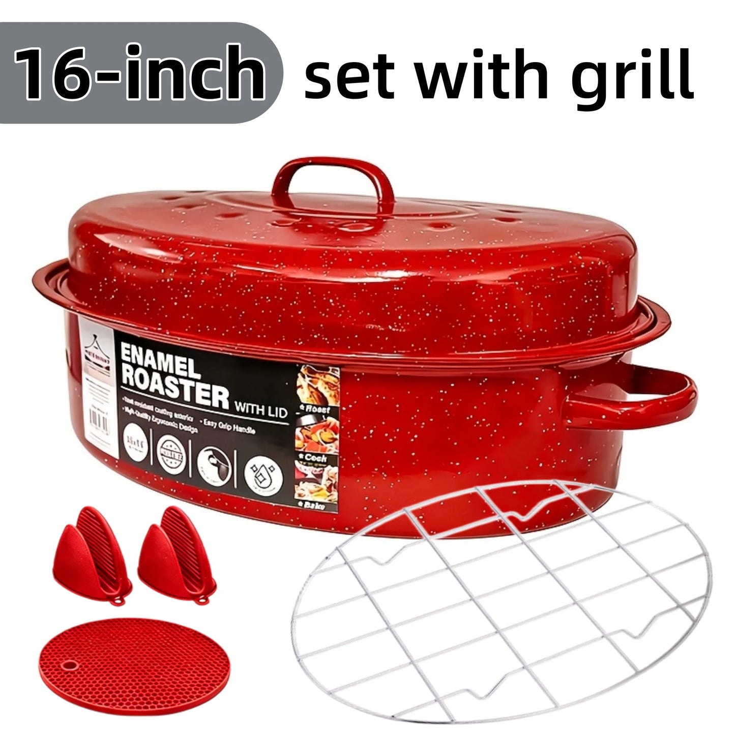 Enamel Carbon Steel Oval Roasting Pan With Lid For Turkey And Vegetables