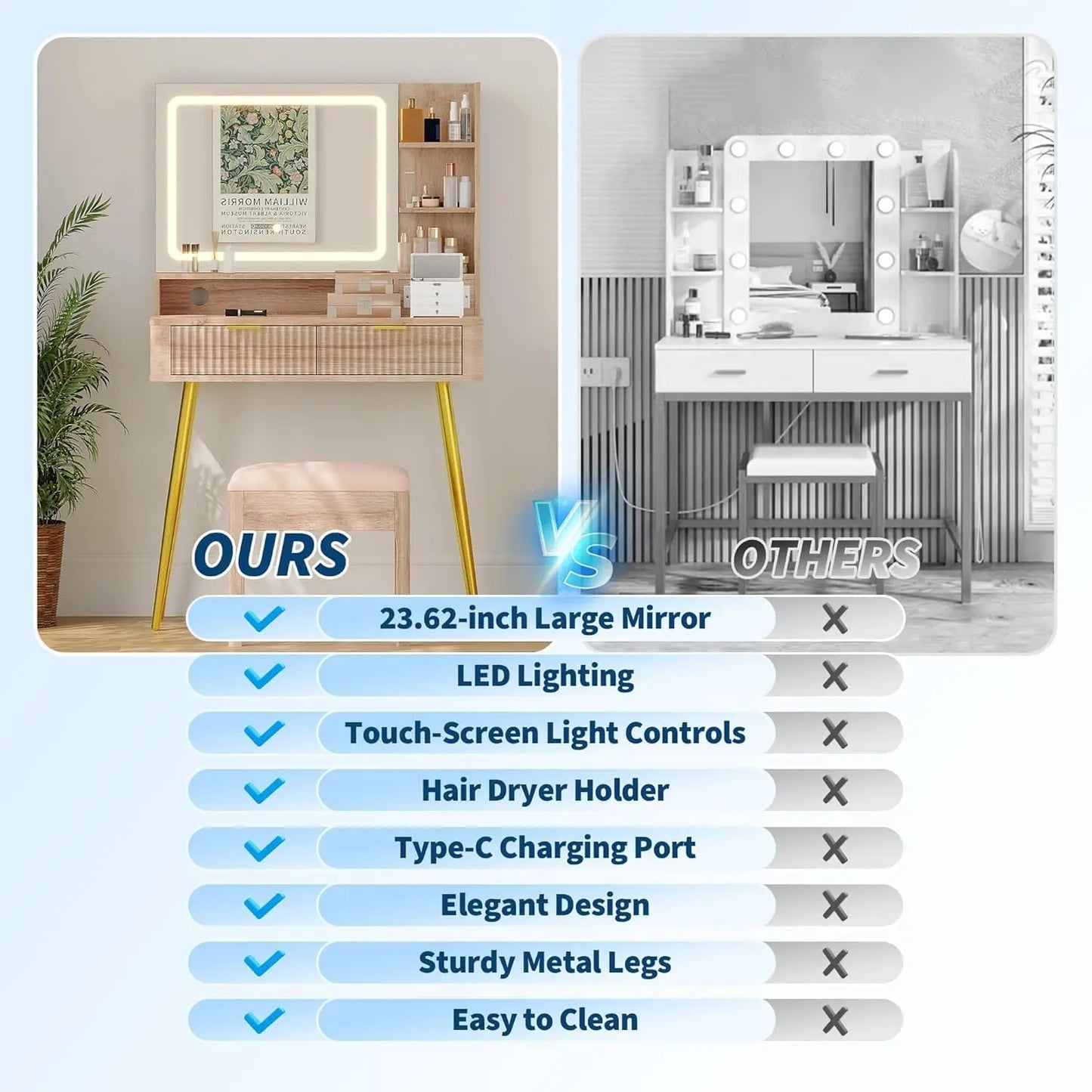 HiMISS Wooden Led Vanity Table With Lighted Mirror And Storage