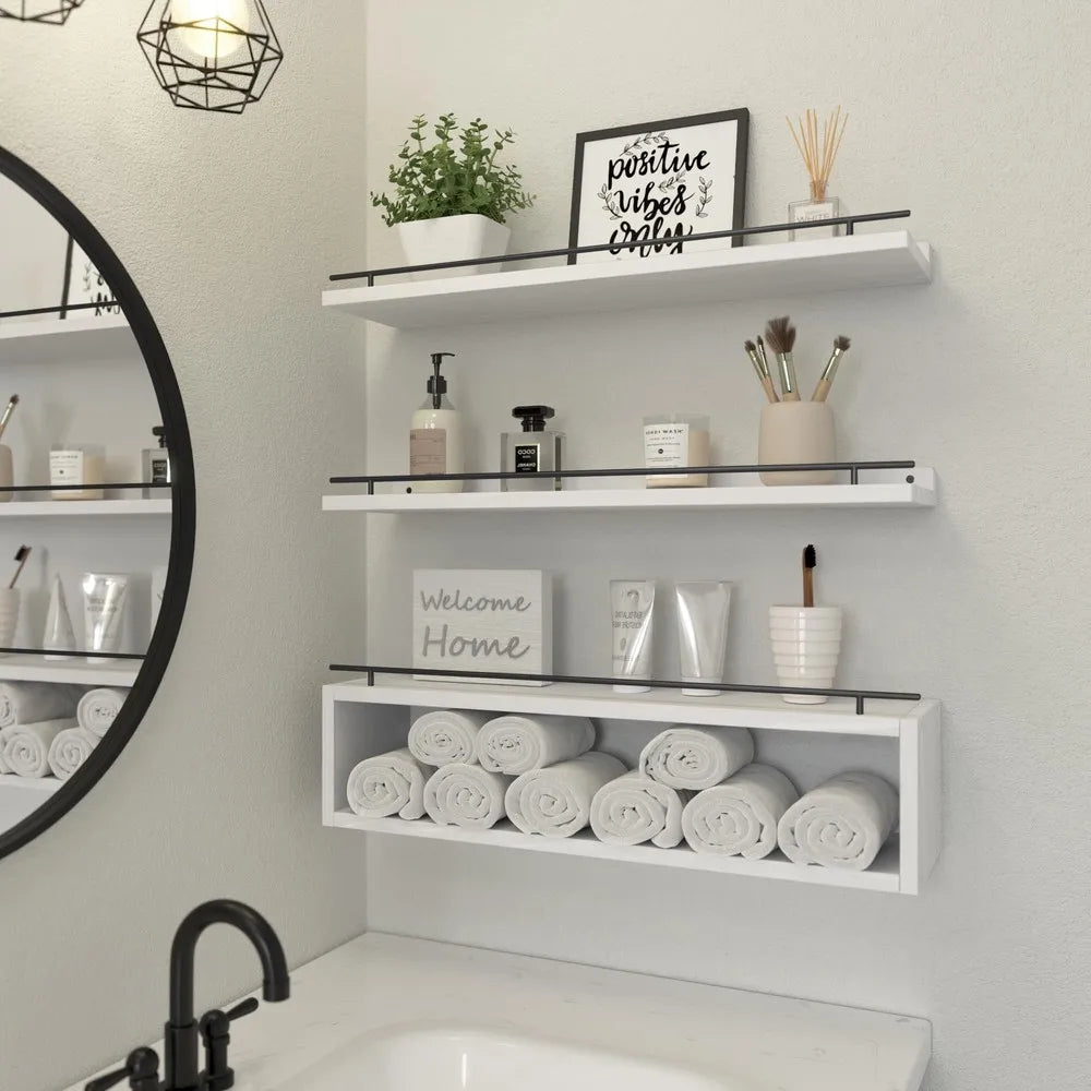 Wall Mounted Wooden Bathroom Shelf With Guardrail And Paper Rack