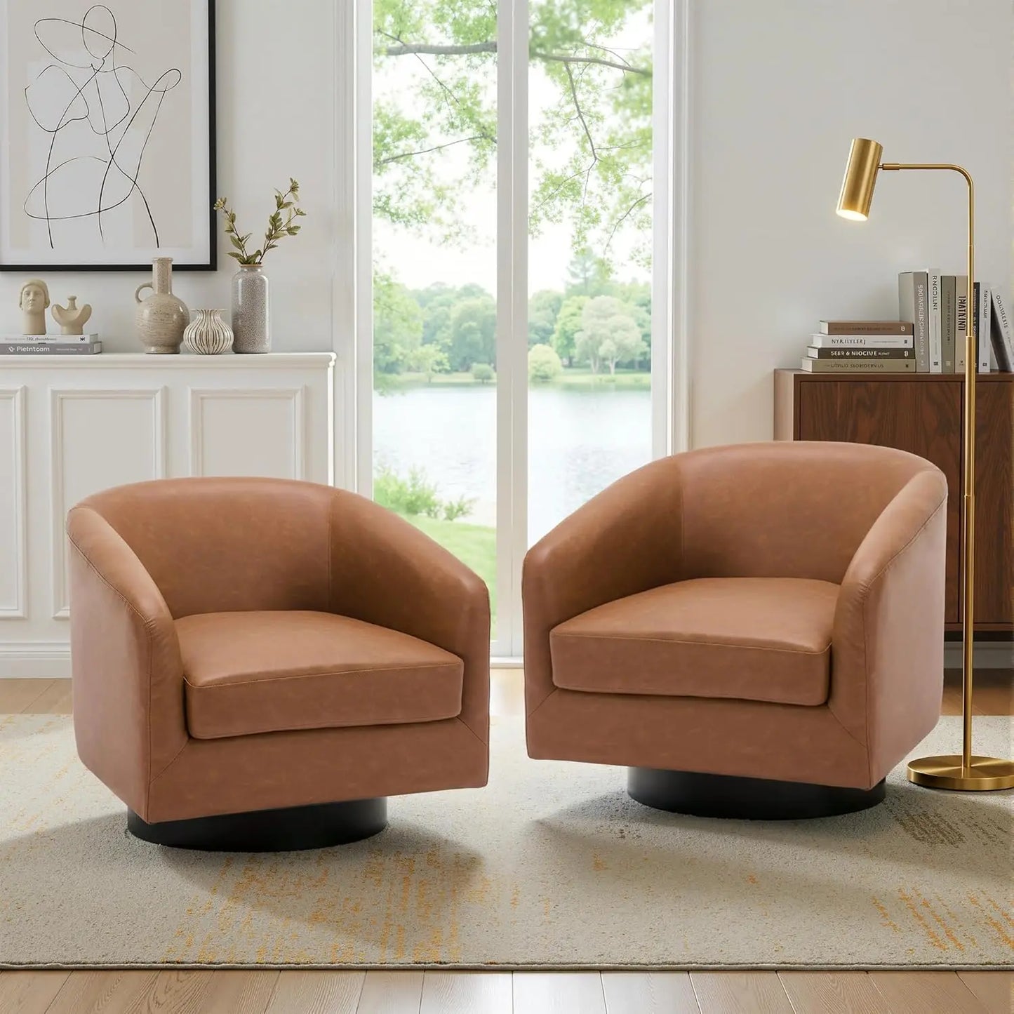Swivel Accent Chair Set Of 2 Fabric Upholstered Barrel Armchairs
