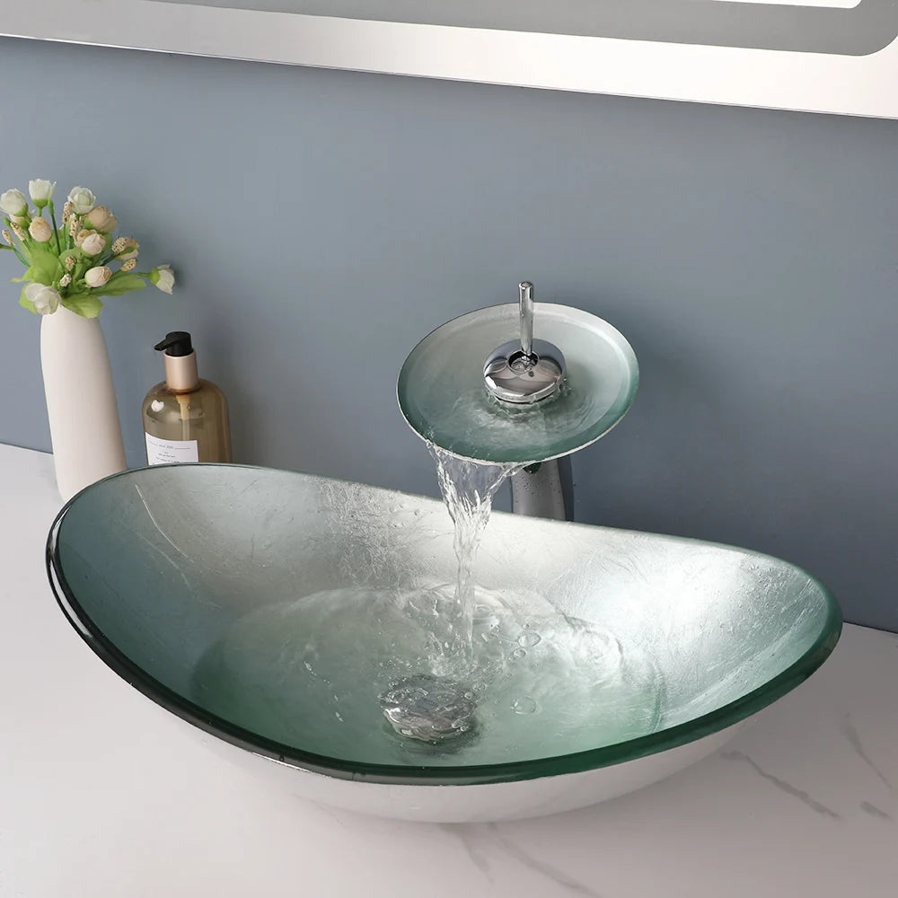 Mekkhala Tempered Glass Bathroom Sink With Waterfall Faucet
