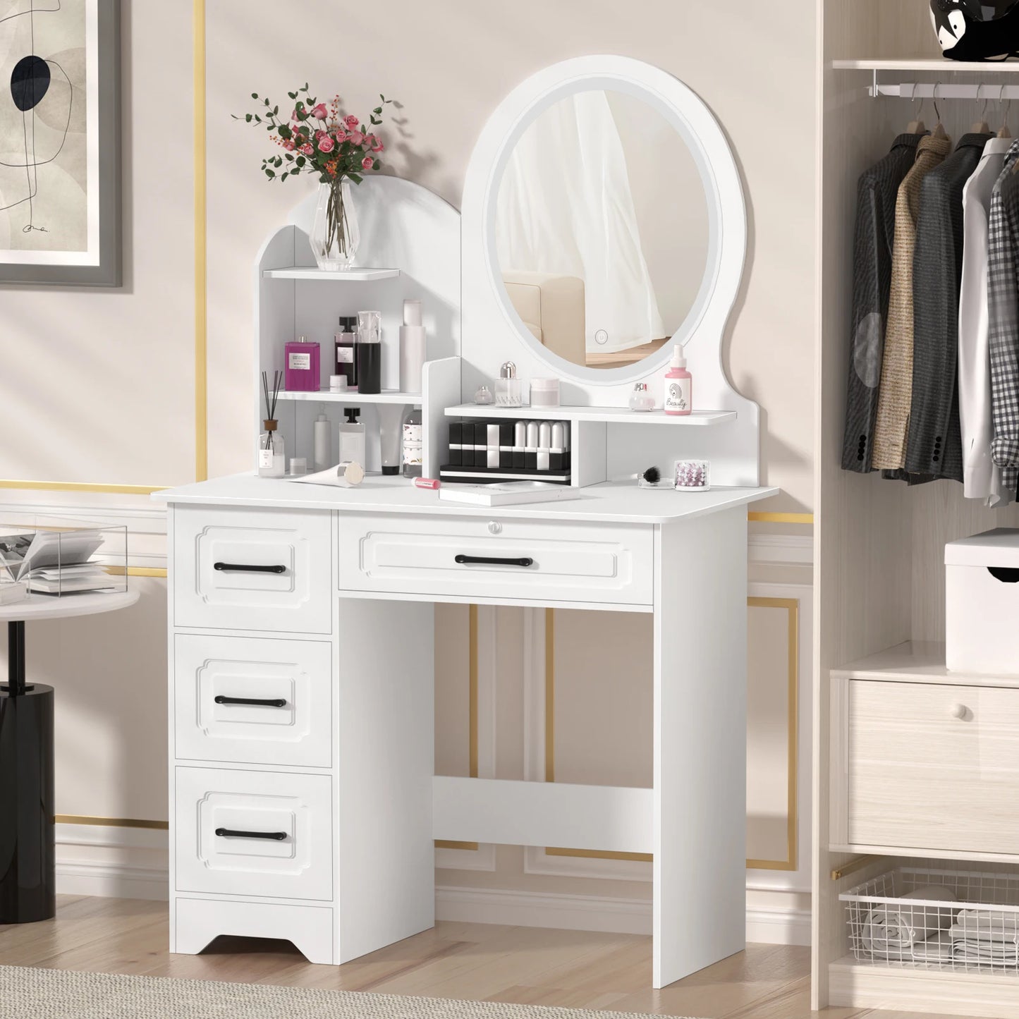 Modern Wooden Makeup Vanity Table With Mirror And Four Drawers