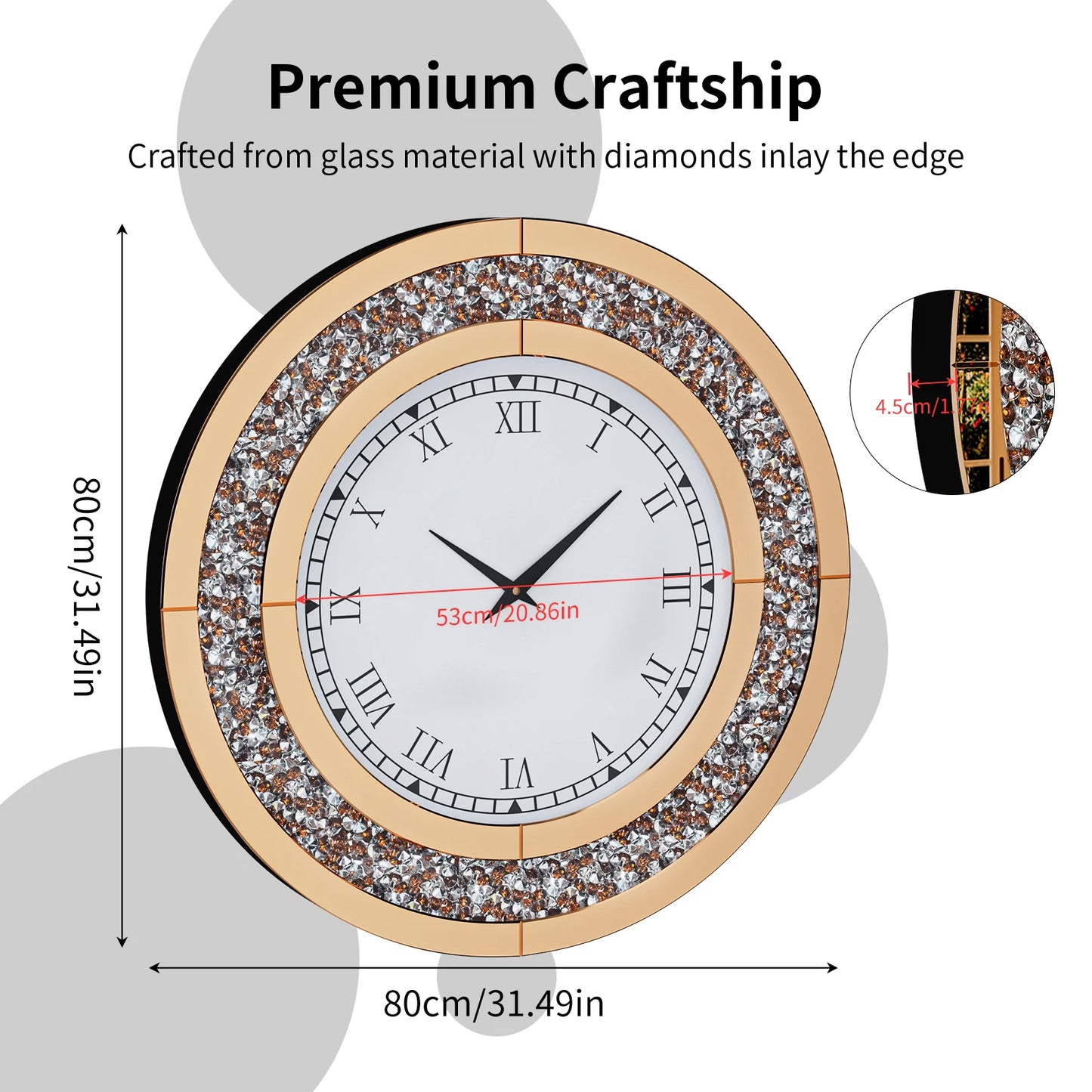 Round Mirrored Wall Clock Featuring Crystal Details And Alarm