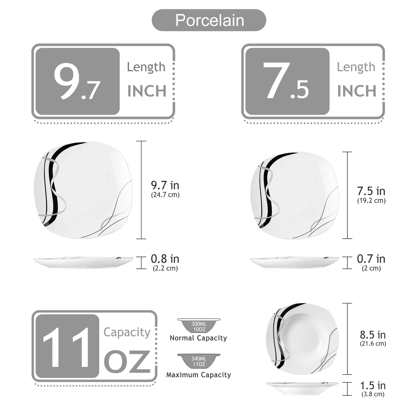 Malacasa Fiona Black Line Porcelain Dinner Plate Set