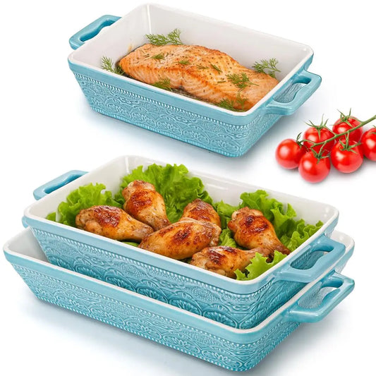 Ceramic Baking Dishes Set of 3, Rectangular Bakeware With Handles