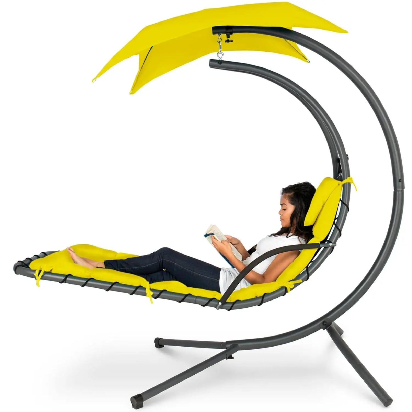 Curved Steel Outdoor Hanging Chaise Lounge Removable Canopy Pillow