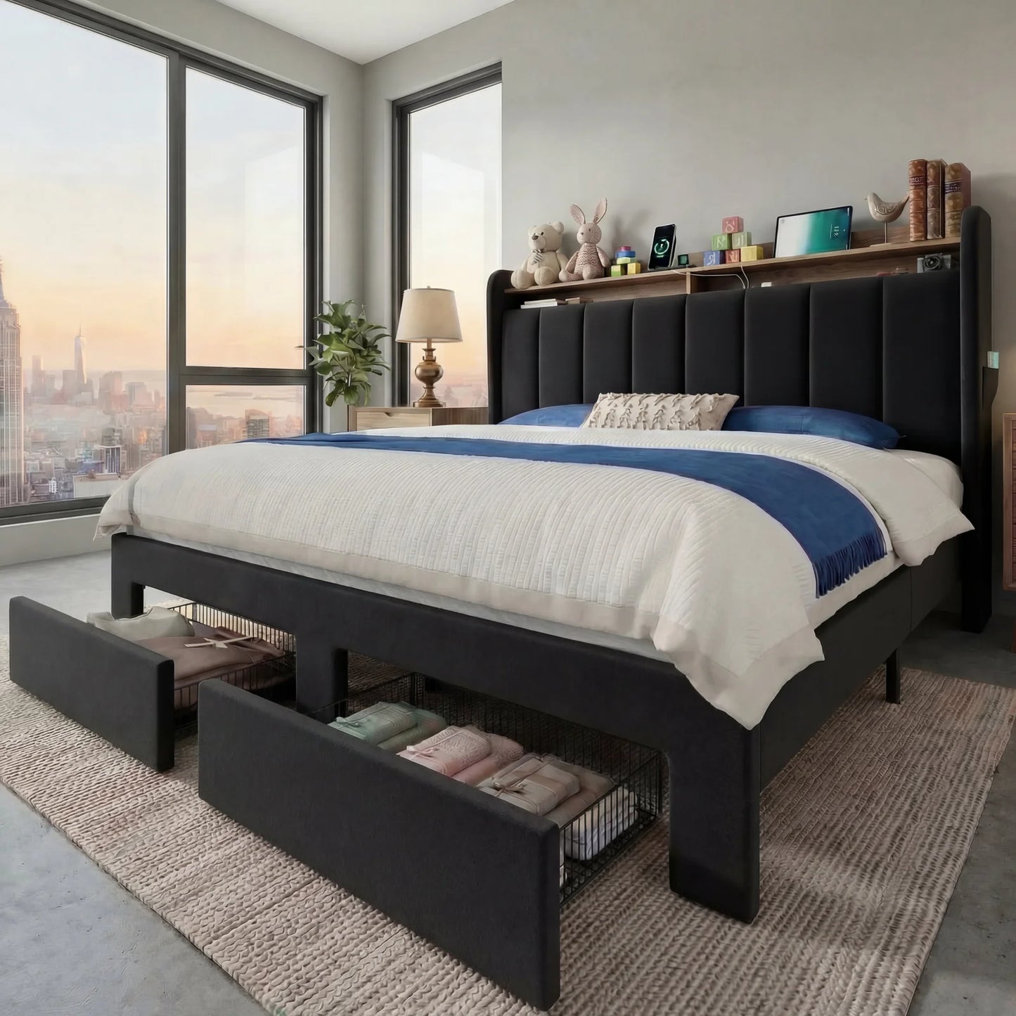 HOOMIC Bed Frame With LED Lights And Storage Drawers Charging