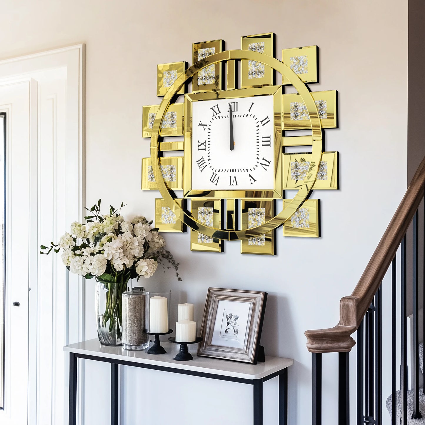 Irregular Diamond Mirrored Wall Clock Quartz Roman Numerals Living Room