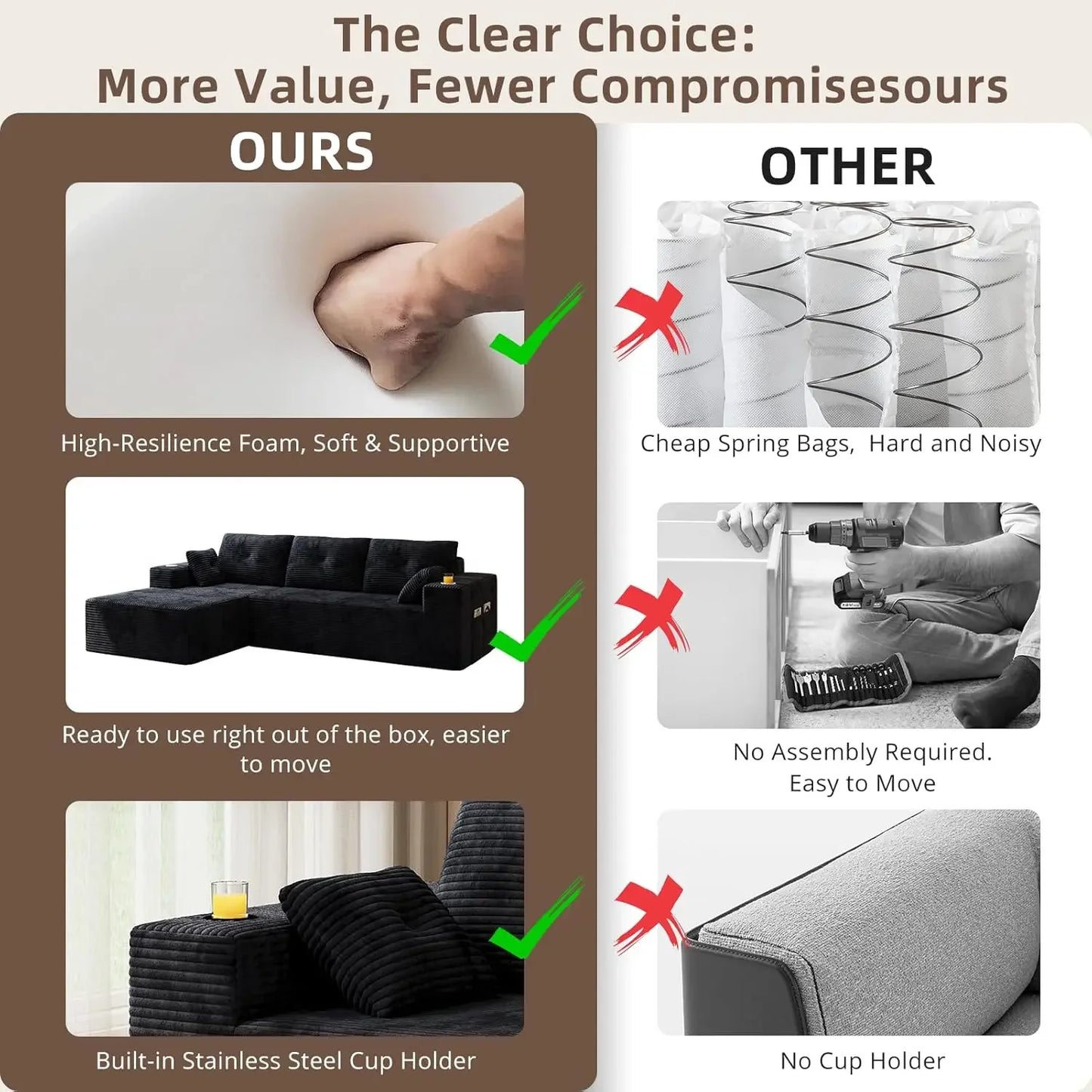 Modular L-Shape Sectional Sofa With Oversized Chaise And Cloud Comfort