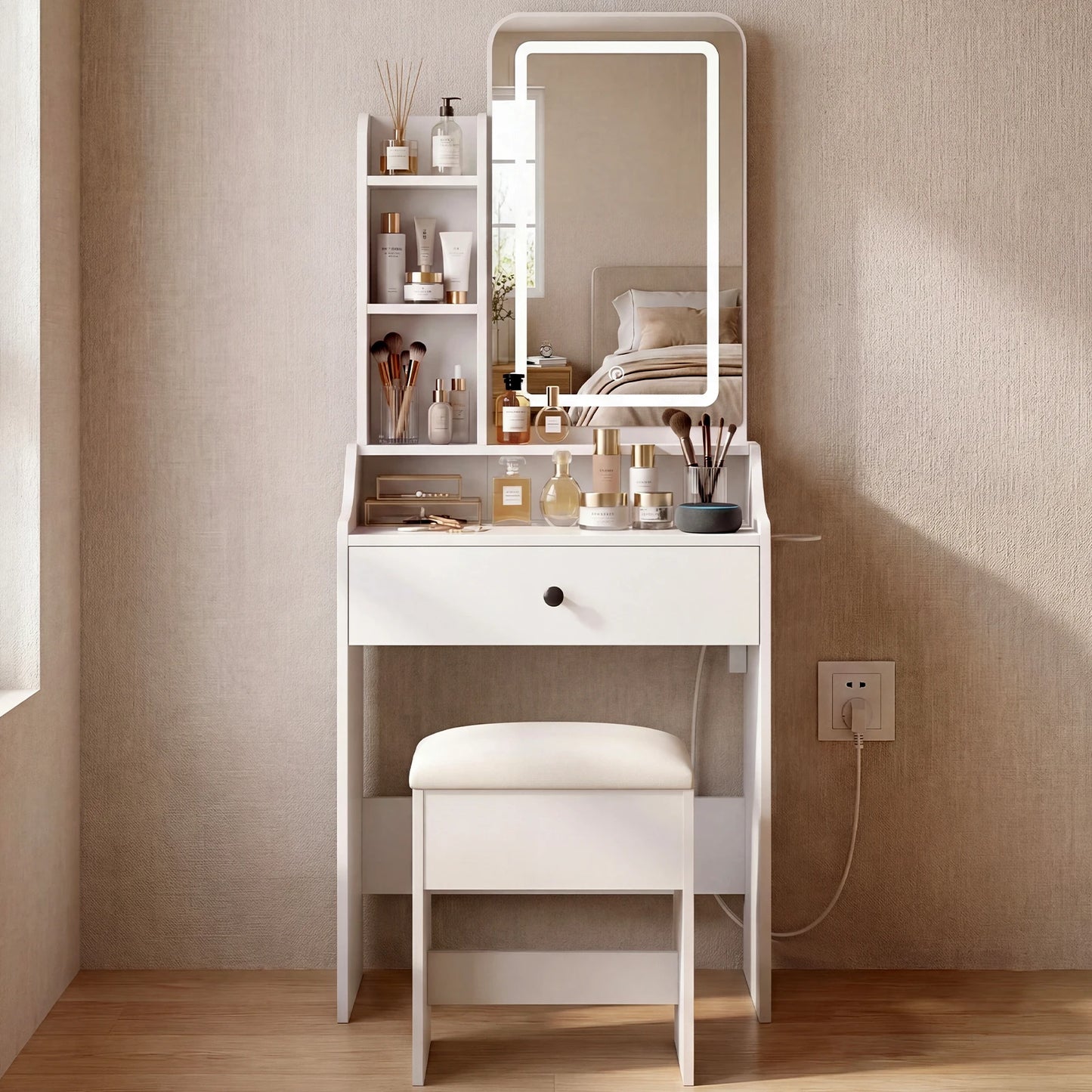 JHK Modern Wooden Vanity Set With Mirror And Storage Bench