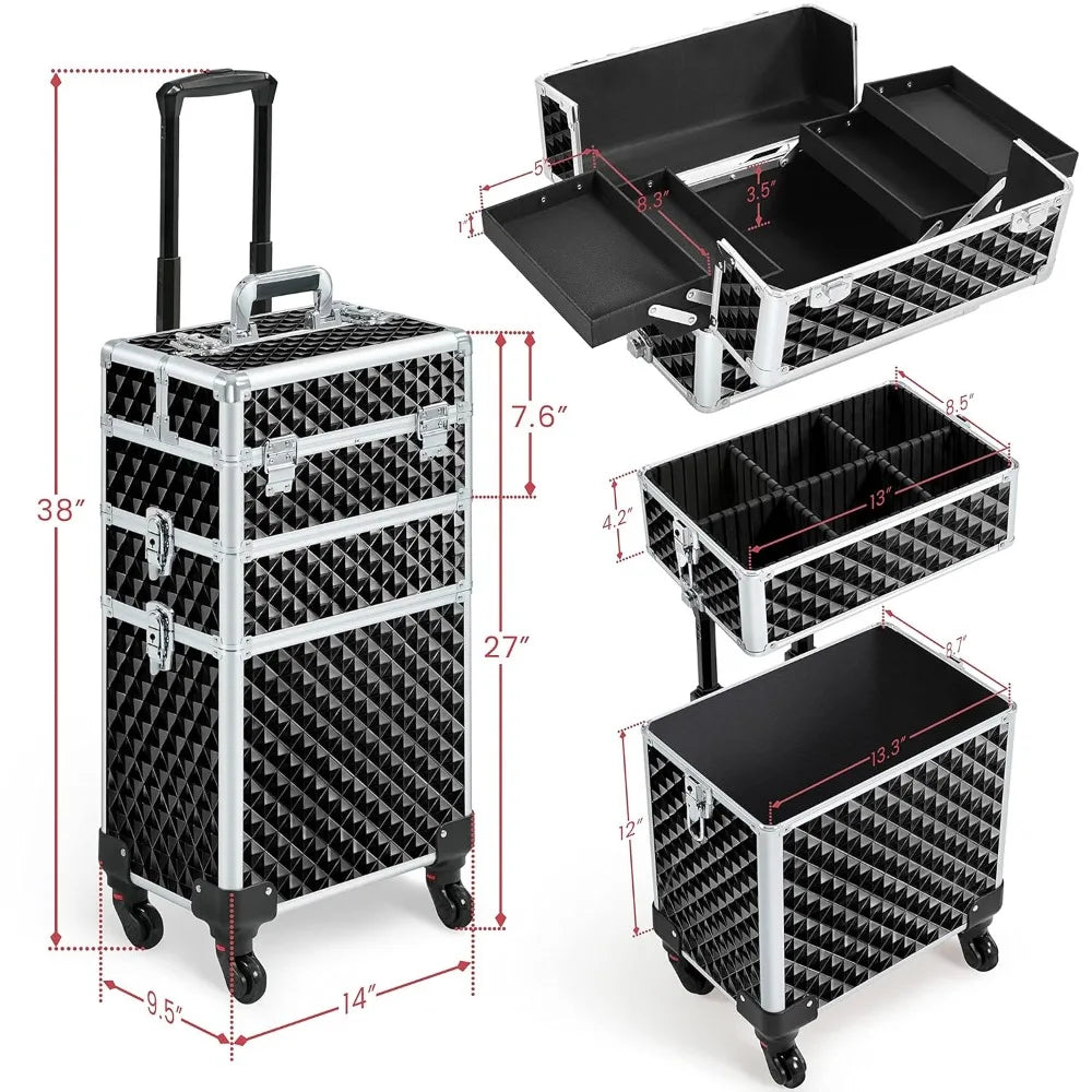 YTYIN 3 In 1 Rolling Makeup Train Case With Swivel Wheels