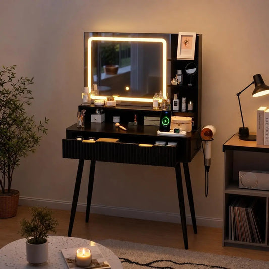 HiMISS Wooden Led Vanity Table With Lighted Mirror And Storage