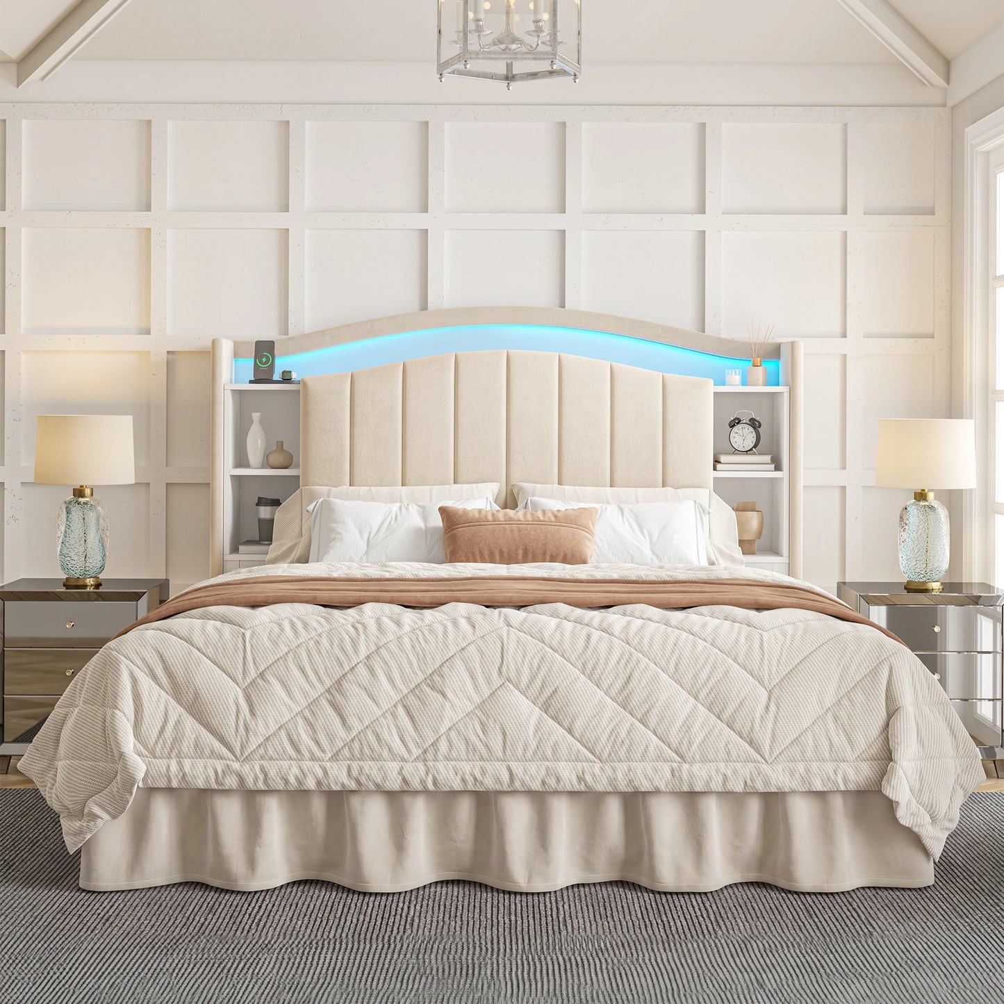 EnHomee Metal Bed Frame With Bookcase Headboard And Led Lighting