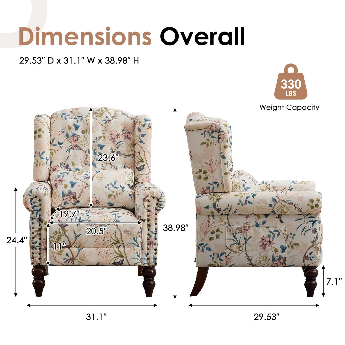 TCGBKAF Mid Century Modern Floral Fabric Wingback Accent Chair