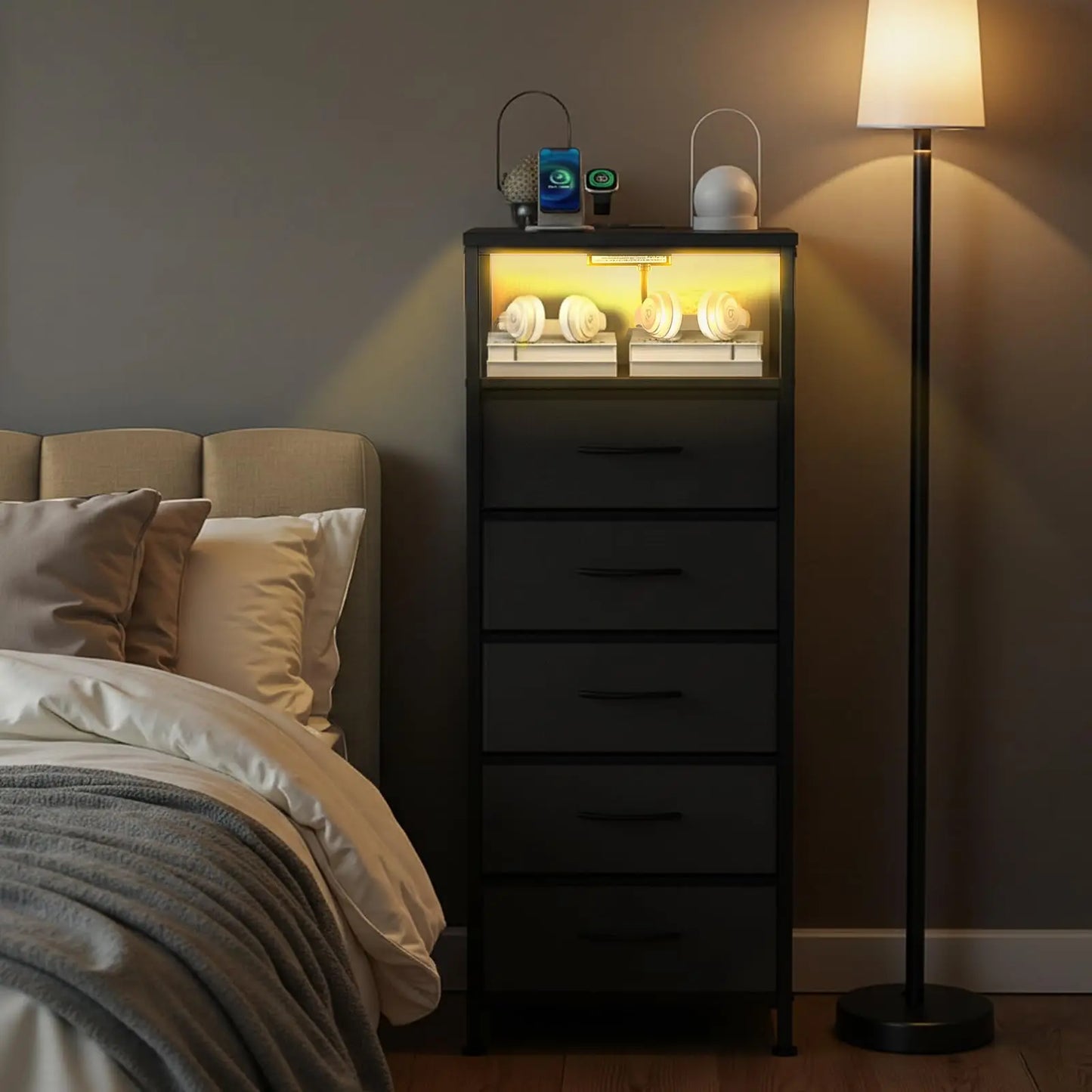 JHK Five Drawer Fabric Dresser Nightstand With Charging Station