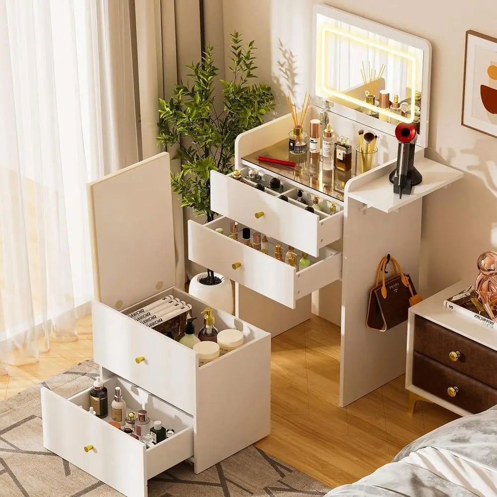 Wooden Makeup Vanity Desk With Mirror And Attached Lights