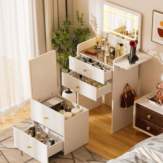 Wooden Makeup Vanity Desk With Mirror And Attached Lights