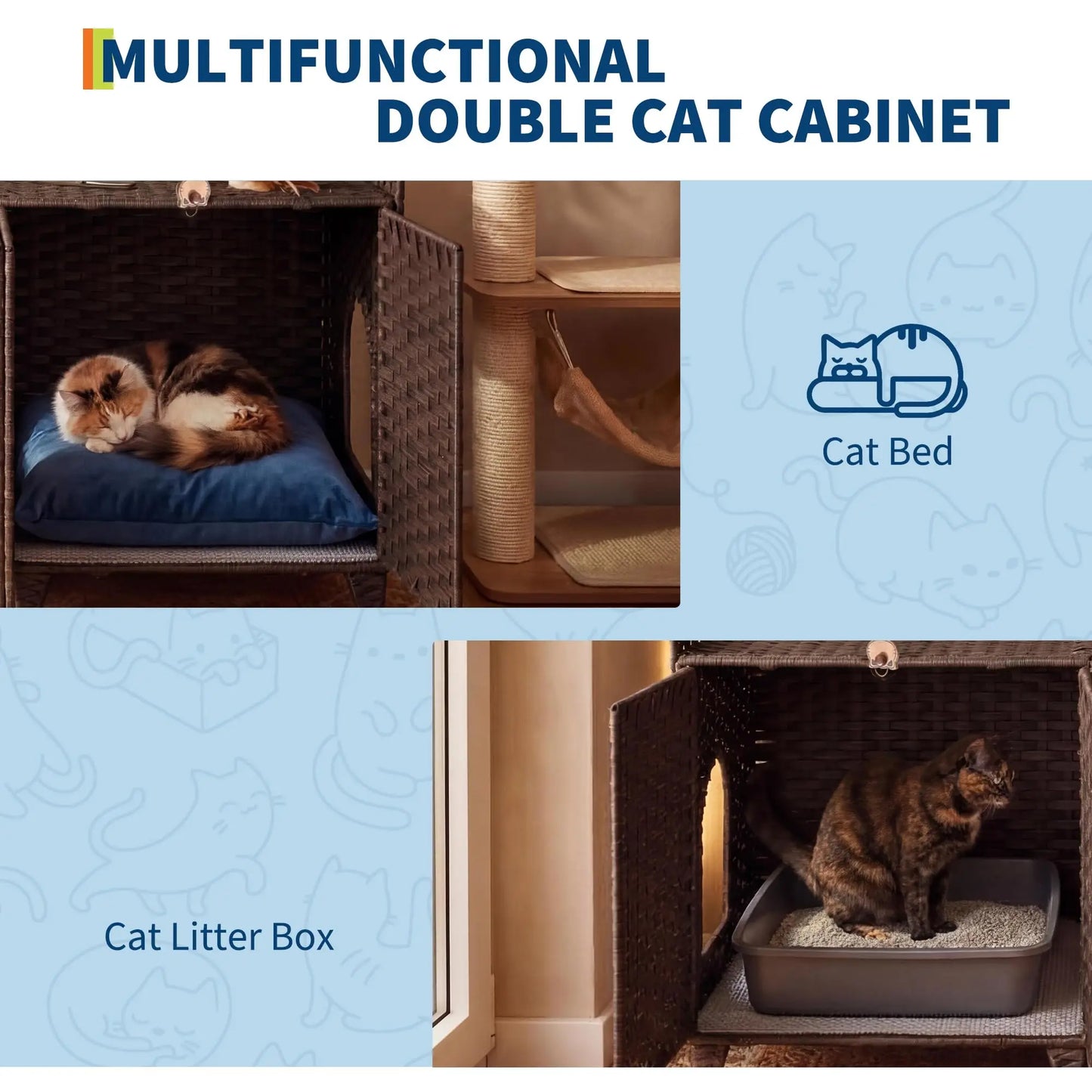 DishyKooker Rattan Double Door Cat Litter Box Enclosure
