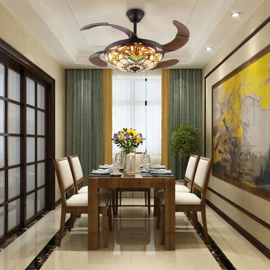 Tiffany Style Ceiling Fan With Remote, LED Light, Color Changing