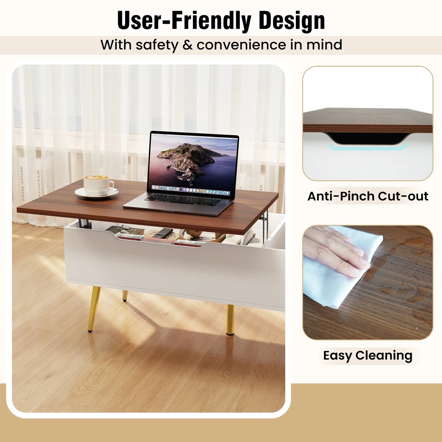 Homasis Lift Top Coffee Table With Twin Hidden Compartments