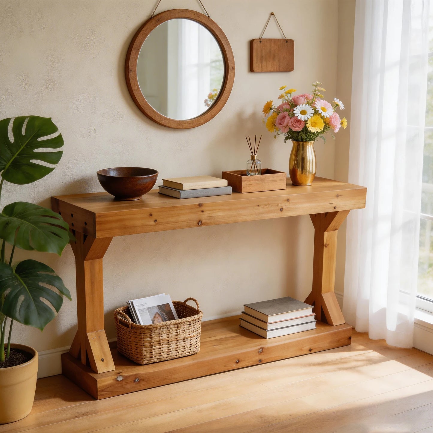 Luvodi Rustic Solid Wood Console Table With Storage Shelf