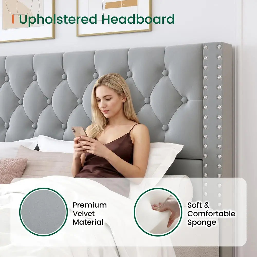 Velvet Upholstered Bed Frame With Tufted Headboard 4 Storage Drawers