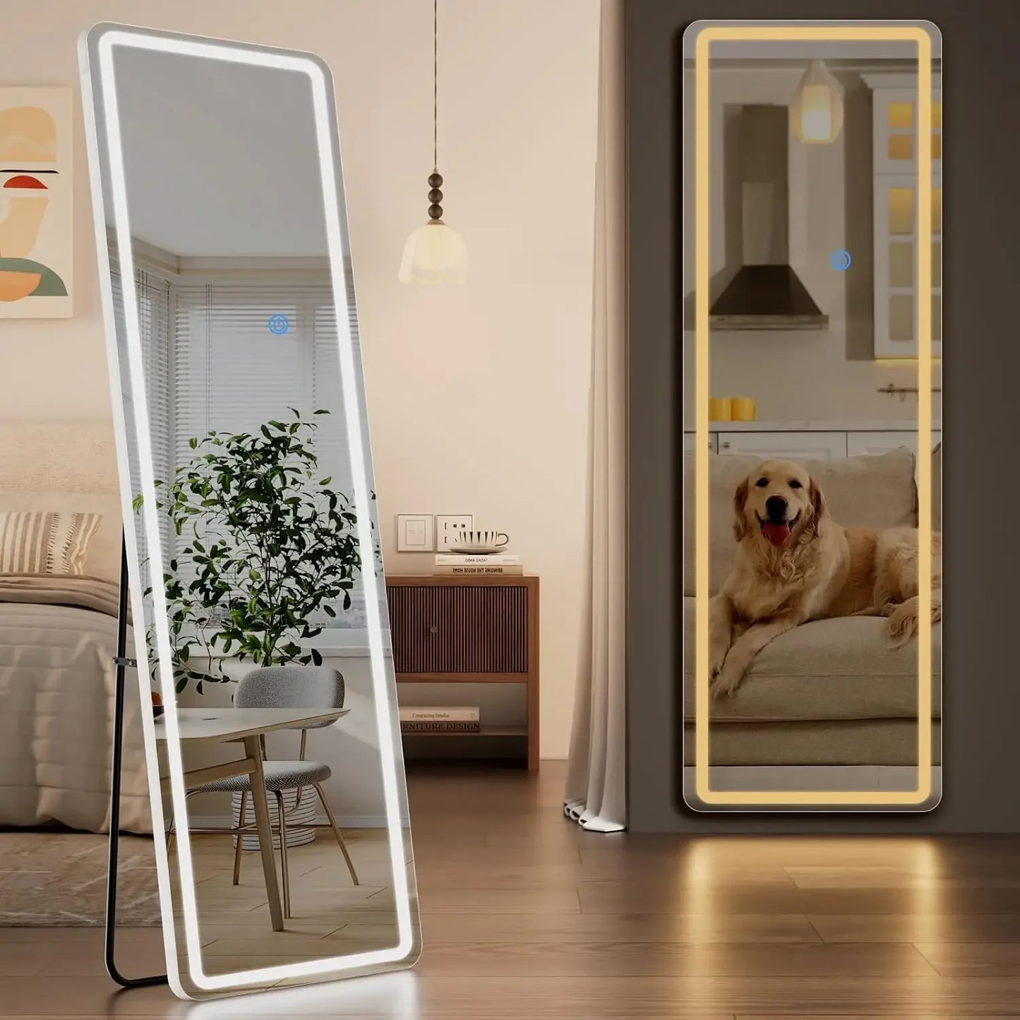 Led Full Length Mirror With Lights Lighted Floor Stand Dimmable