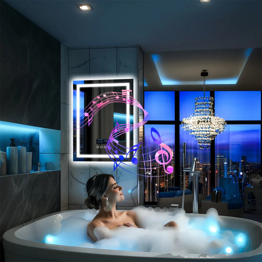 Luvodi Bluetooth Illuminated Bathroom Mirror With Digital Clock And Defog