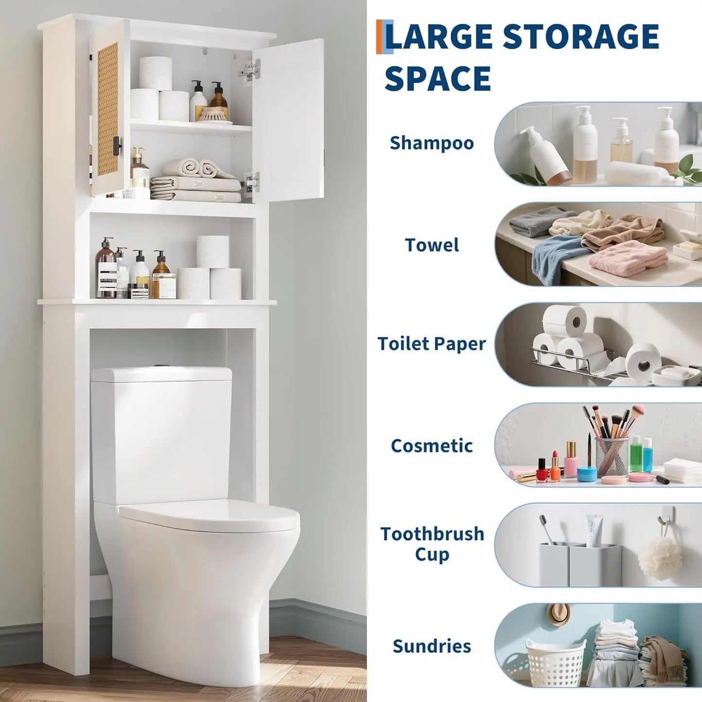 Farmhouse Over Toilet Storage Cabinet With Natural Rattan Doors Adjustable Shelf