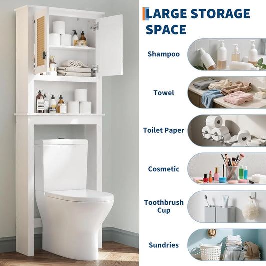 Farmhouse Over Toilet Storage Cabinet With Natural Rattan Doors Adjustable Shelf