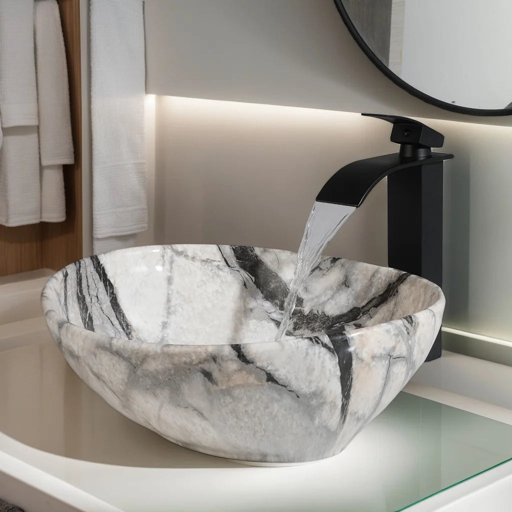 Mekkhala Rectangular Ceramic Vessel Bathroom Sink Set With Drainer
