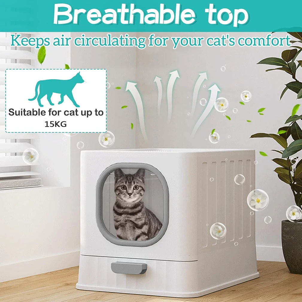 Leak-Proof Enclosed Cat Litter Box With Drawer Scoop Lid Anti-Splashing