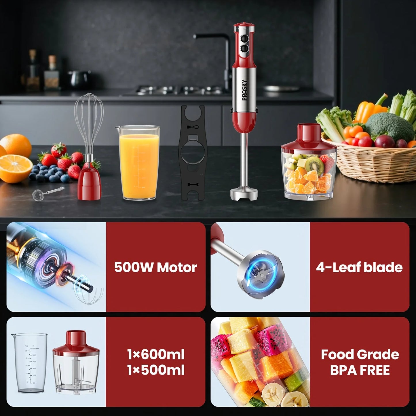 Prasky 5-In-1 Handheld Immersion Blender With Chopper And Whisk