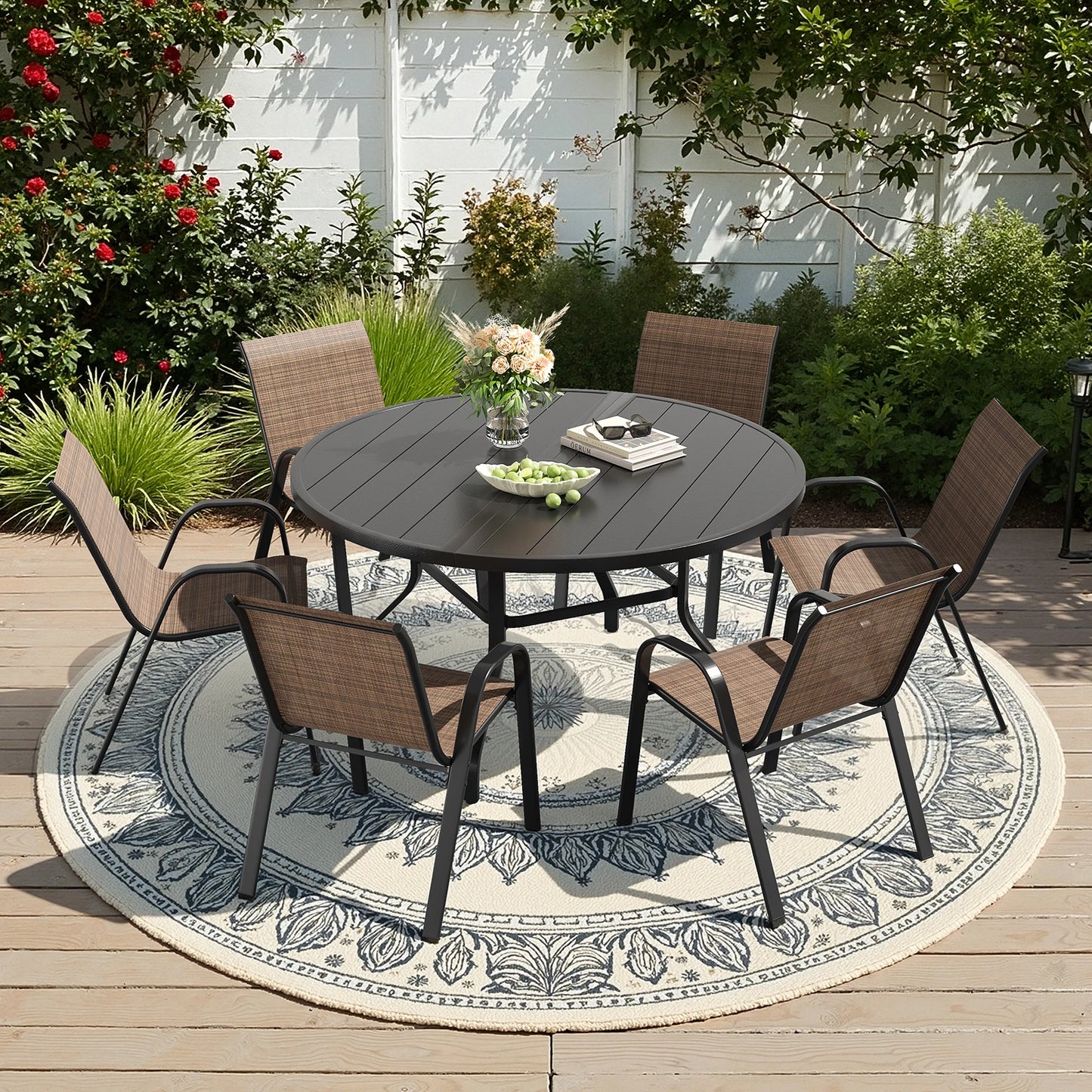 Outdoor Dining Set With Round Table And Six Chairs