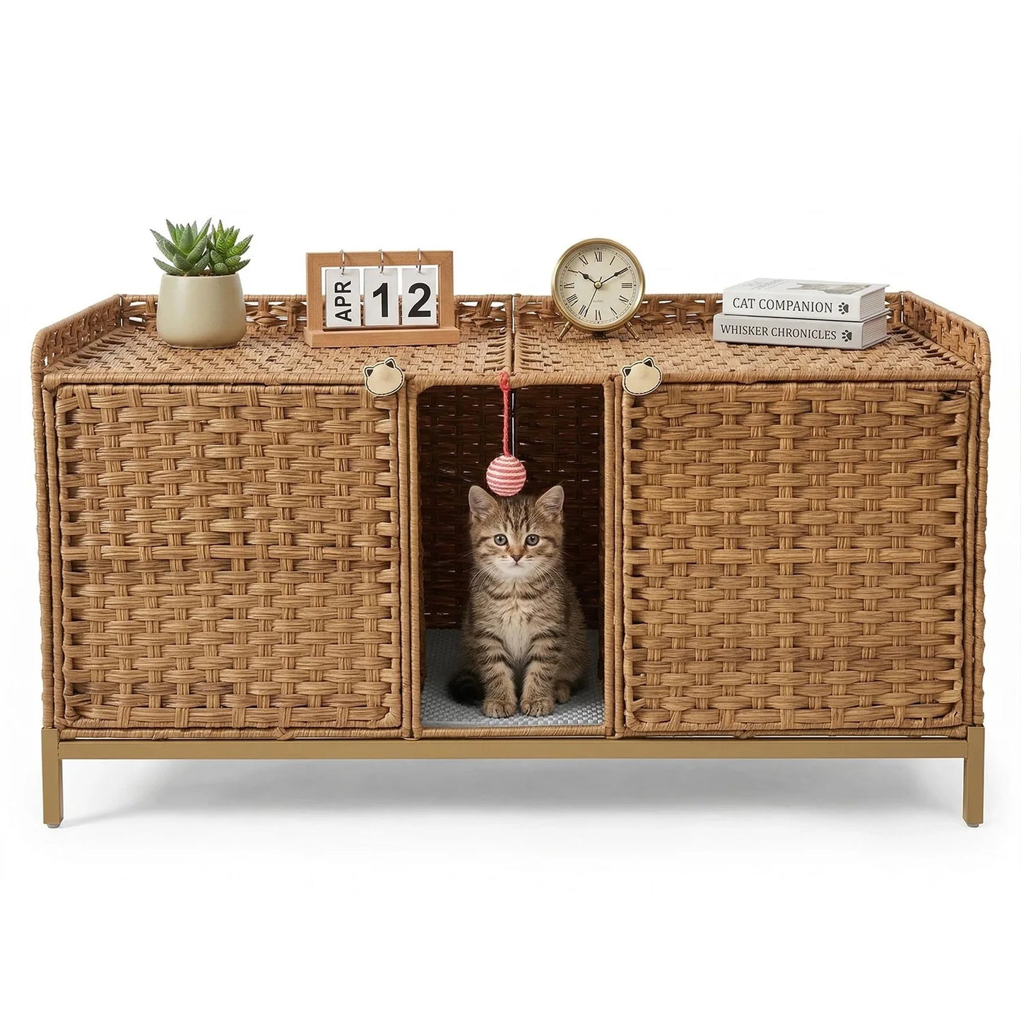 DishyKooker Hidden Cat Litter Box Enclosure Side Table Wicker Rattan