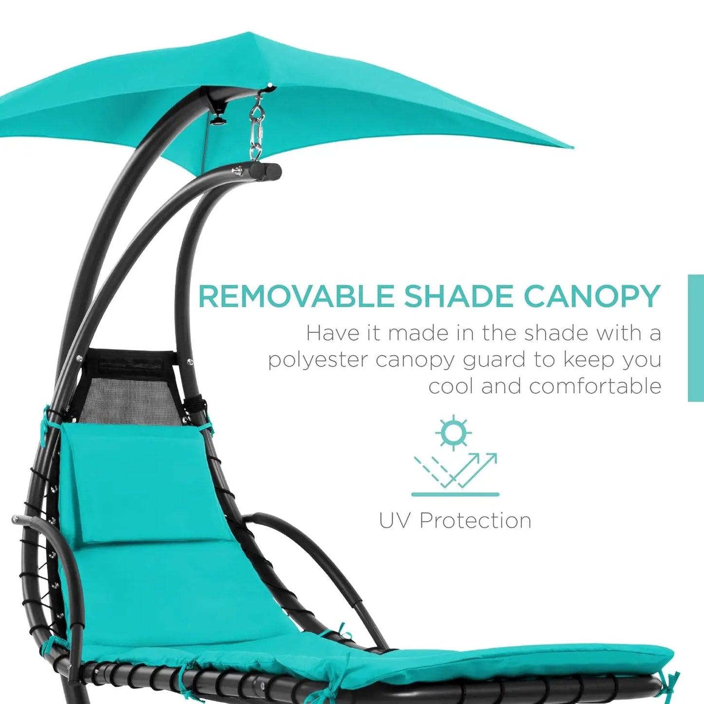 Curved Steel Outdoor Hanging Chaise Lounge Removable Canopy Pillow
