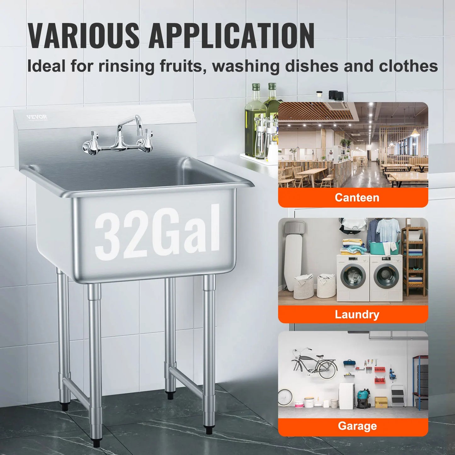 Stainless Steel Kitchen Prep And Utility Sink With Single Bowl Faucet