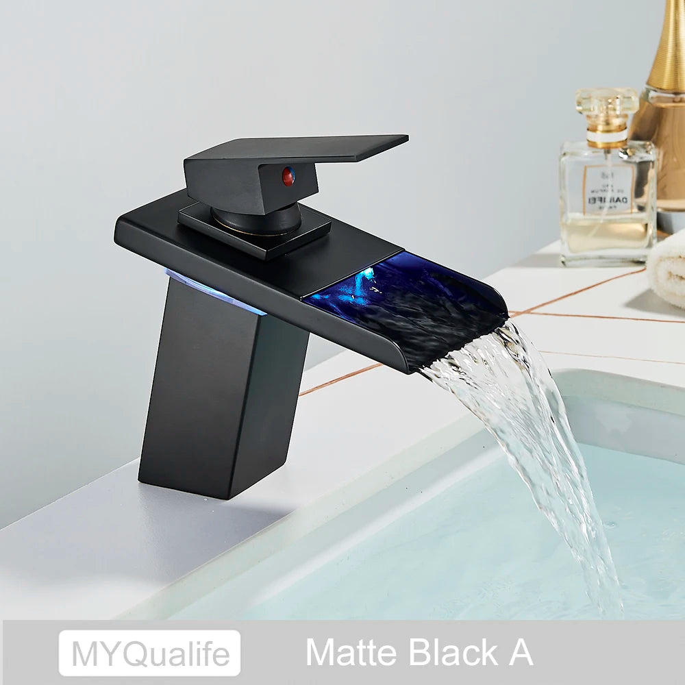 MYQualife LED Waterfall Basin Sink Faucet Single Handle Deck Mounted
