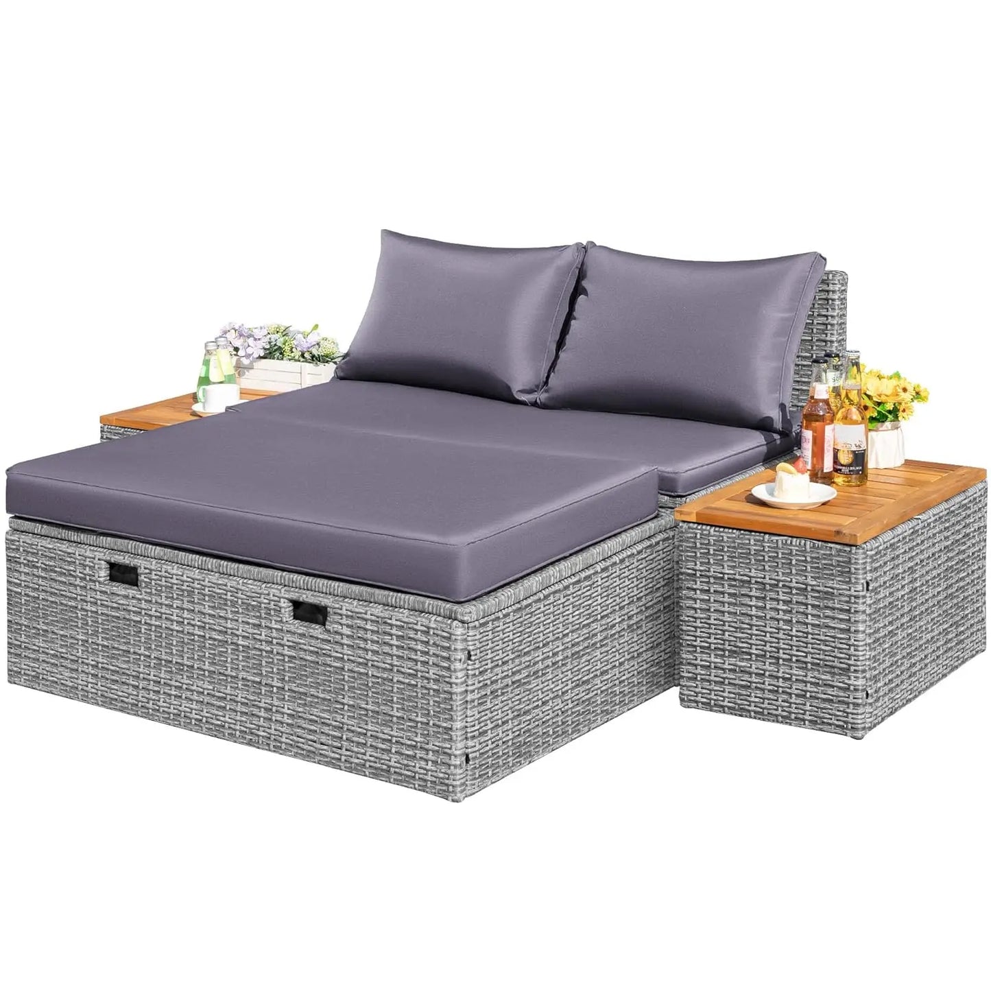 Outdoor Rattan Daybed With Side Tables And Storage Ottoman