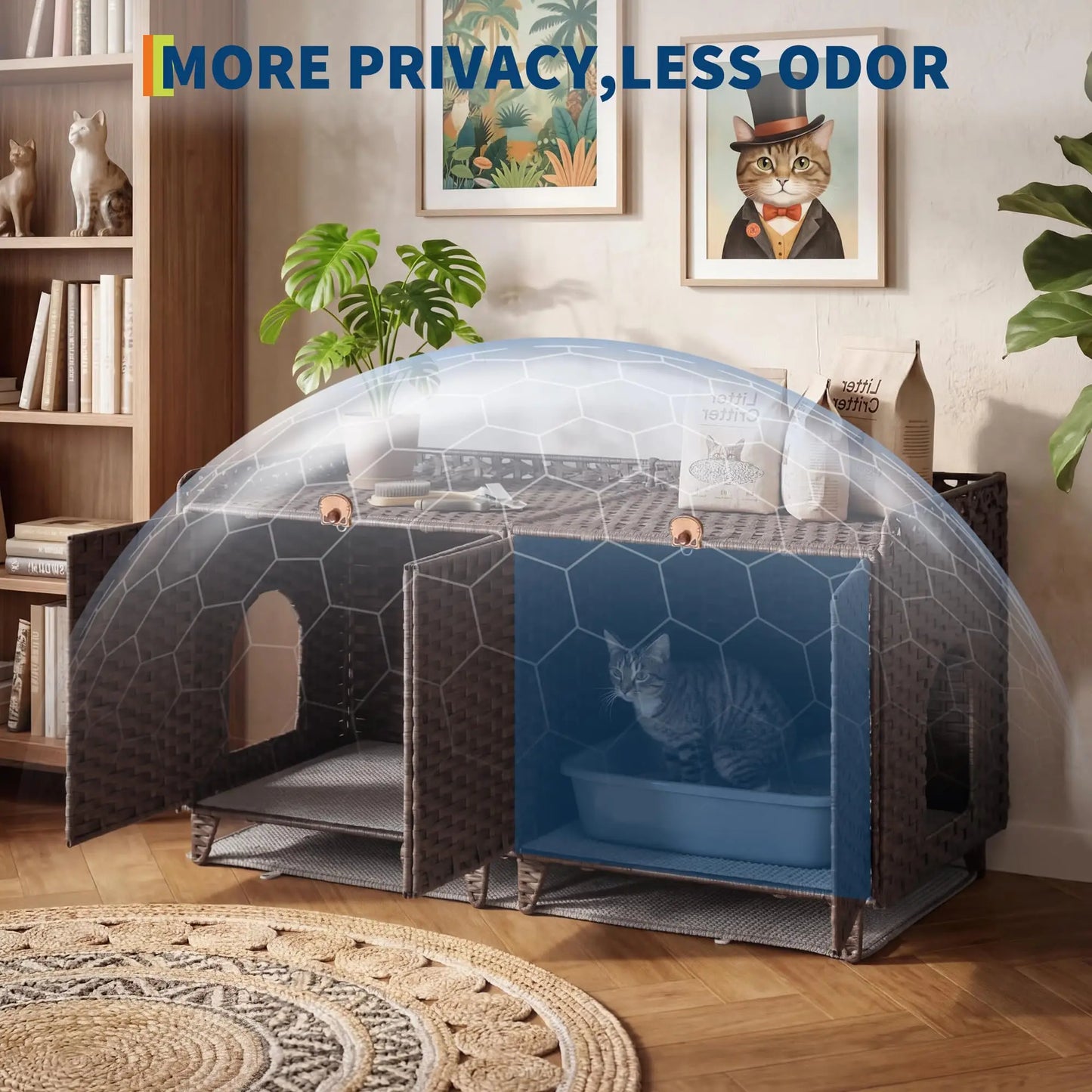 DishyKooker Rattan Double Door Cat Litter Box Enclosure