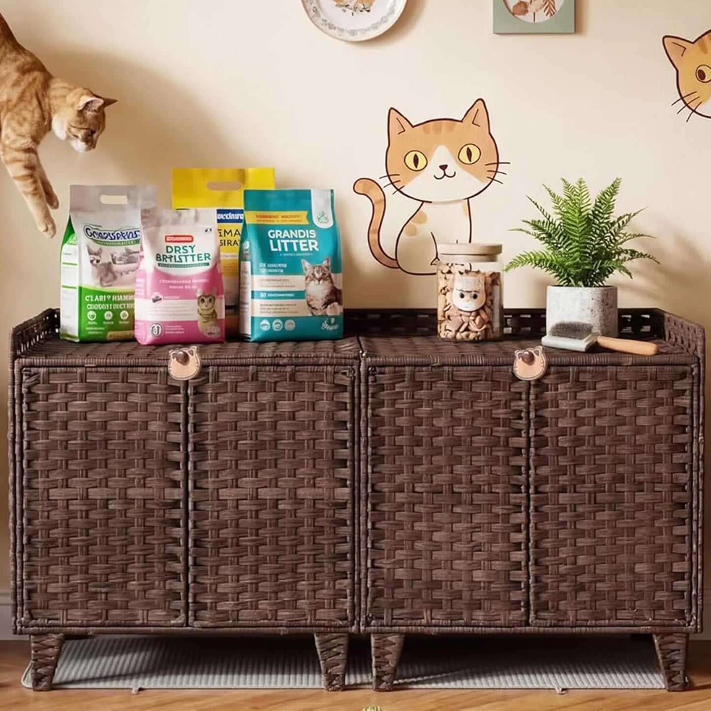 DishyKooker Rattan Double Door Cat Litter Box Enclosure