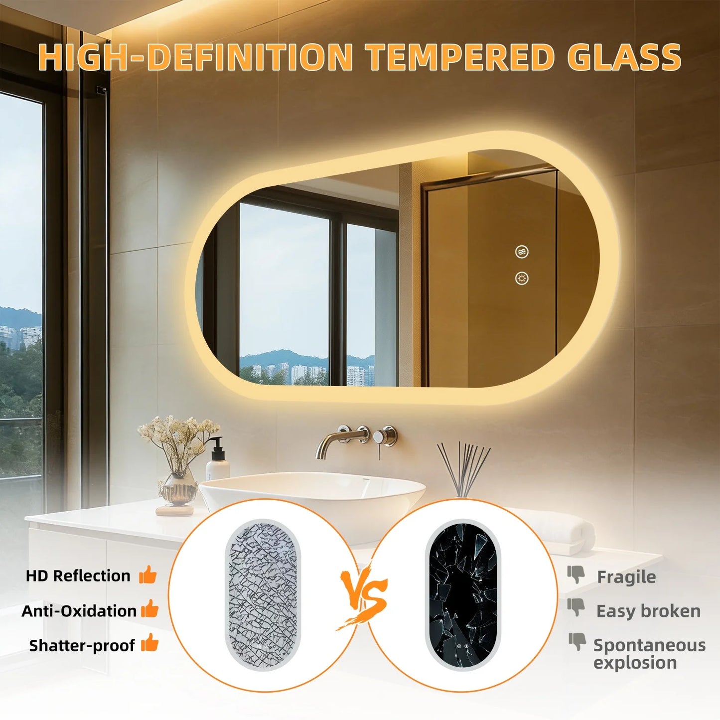 Illuminated Oval Bathroom Mirror With Backlit LEDs And Anti Fog