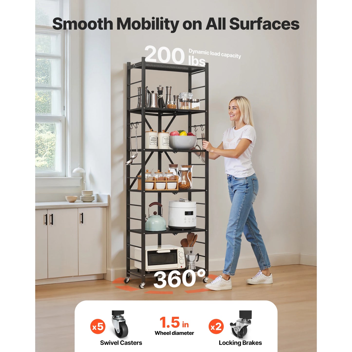 SucceBuy 6 Tier Folding Mobile Storage Shelf With Wheels