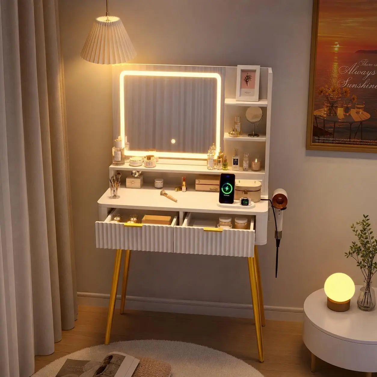 HiMISS Wooden Led Vanity Table With Lighted Mirror And Storage