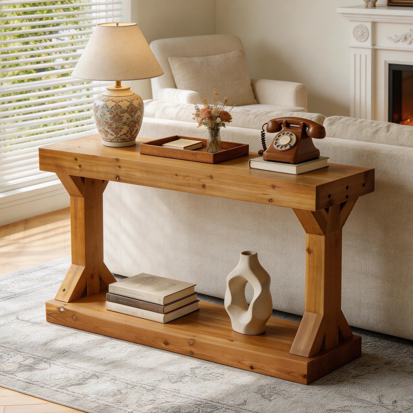 Luvodi Rustic Solid Wood Console Table With Storage Shelf