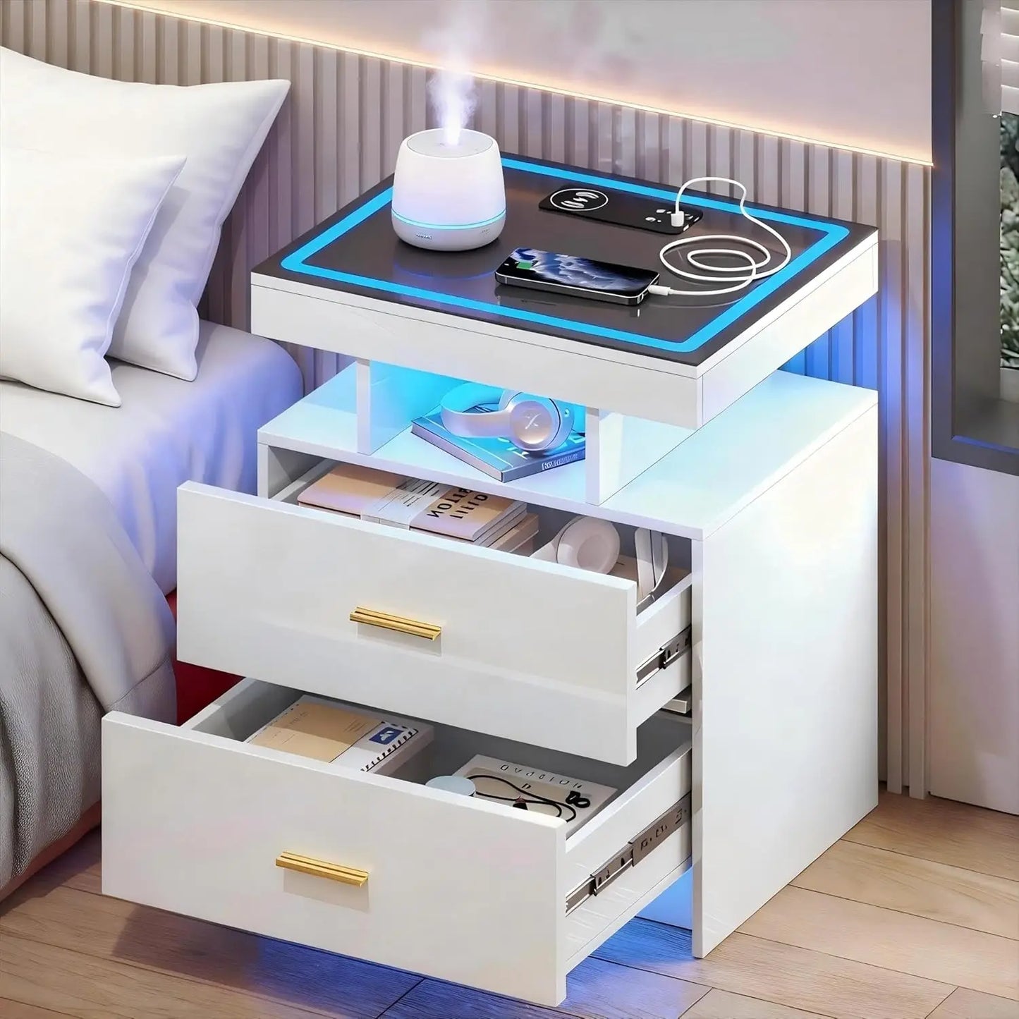 Wireless Charging Nightstand With Auto Sensor LED End Table