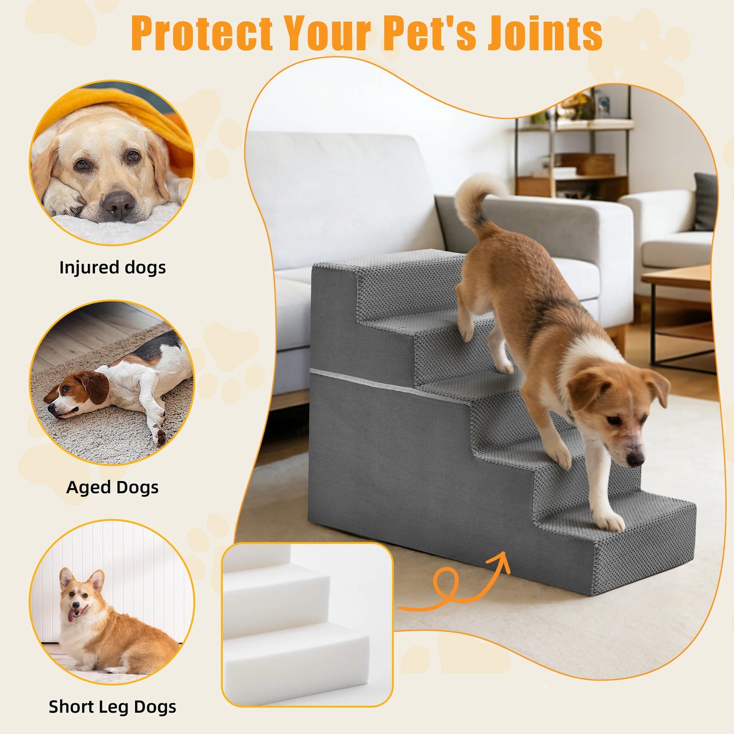 JHK 3-5 Step Right Angled Foam Dog Stairs For Home